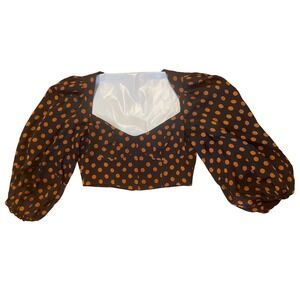 For Love & Lemons Crop Top Polka Dot Puff Sleeve Black Rust Size S